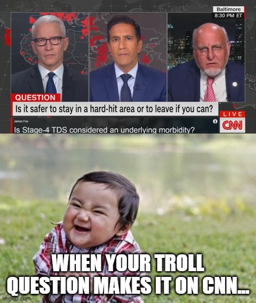 Yep....lt happened.  Someone's question, "Is Stage-4 TDS an underlying morbidity" actually made it on air.  Someone got fired. | WHEN YOUR TROLL QUESTION MAKES IT ON CNN... | image tagged in memes,evil toddler,politics,cnn,cnn fake news | made w/ Imgflip meme maker