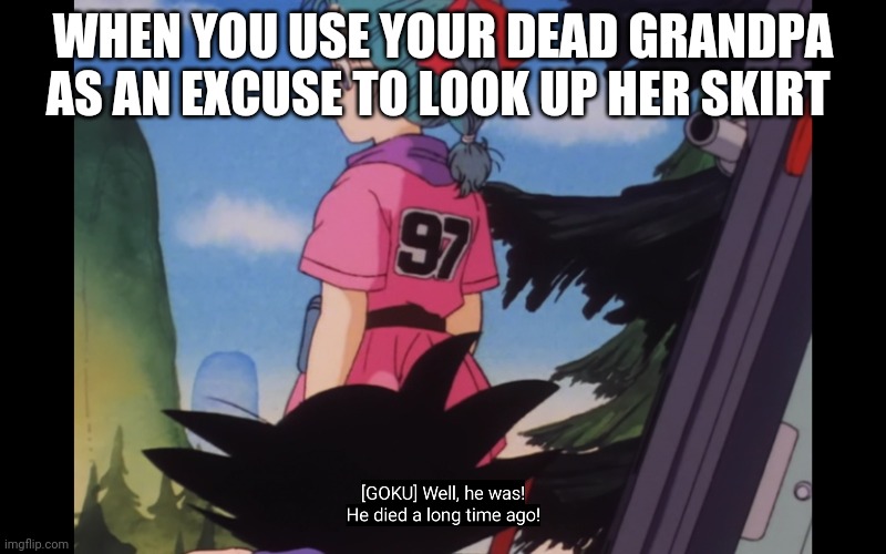Out of context og dragon ball anime photo | WHEN YOU USE YOUR DEAD GRANDPA AS AN EXCUSE TO LOOK UP HER SKIRT | image tagged in out of context og dragon ball anime photo | made w/ Imgflip meme maker