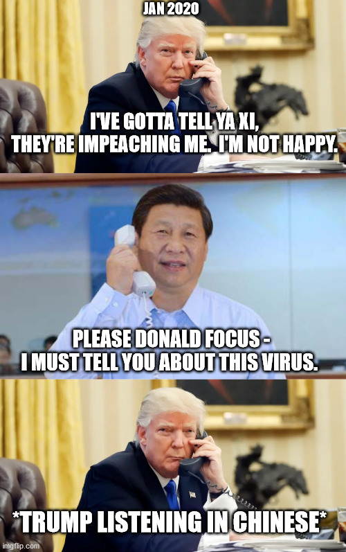 Focus Donald! | JAN 2020; I'VE GOTTA TELL YA XI, THEY'RE IMPEACHING ME.  I'M NOT HAPPY. PLEASE DONALD FOCUS -    I MUST TELL YOU ABOUT THIS VIRUS. *TRUMP LISTENING IN CHINESE* | image tagged in donald trump,joe biden,xi jinping,hillary clinton,2020,election 2020 | made w/ Imgflip meme maker