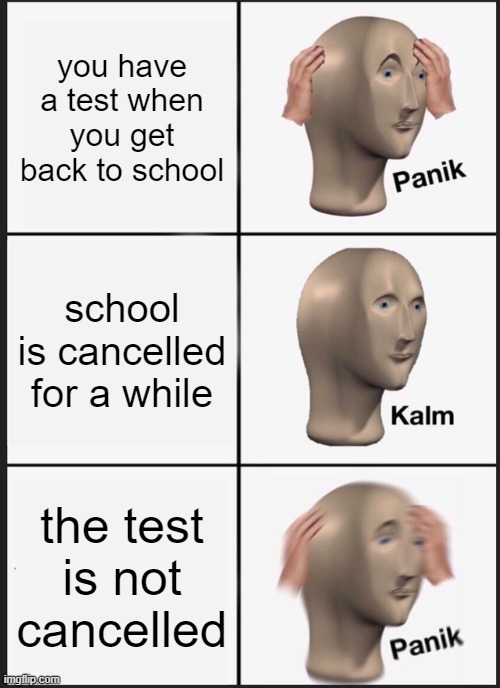 who else is in this situation? | you have a test when you get back to school; school is cancelled for a while; the test is not cancelled | image tagged in memes,panik kalm panik | made w/ Imgflip meme maker