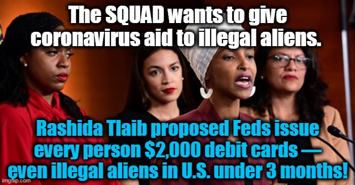 Debit cards to be recharged $1,000 monthly until 1 yr after  crisis ends! | The SQUAD wants to give coronavirus aid to illegal aliens. Rashida Tlaib proposed Feds issue every person $2,000 debit cards — even illegal aliens in U.S. under 3 months! | image tagged in politics,political meme,democrats,socialism,liberals,crazy | made w/ Imgflip meme maker