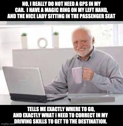 Harold | NO, I REALLY DO NOT NEED A GPS IN MY CAR.  I HAVE A MAGIC RING ON MY LEFT HAND, AND THE NICE LADY SITTING IN THE PASSENGER SEAT; TELLS ME EXACTLY WHERE TO GO, AND EXACTLY WHAT I NEED TO CORRECT IN MY DRIVING SKILLS TO GET TO THE DESTINATION. | image tagged in harold | made w/ Imgflip meme maker