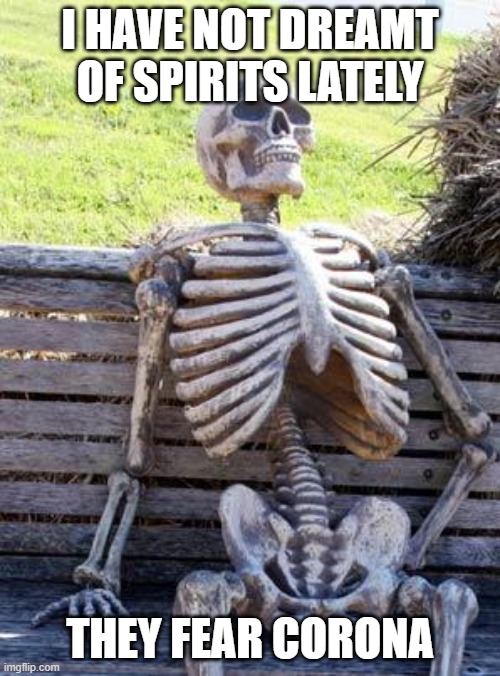 Waiting Skeleton | I HAVE NOT DREAMT OF SPIRITS LATELY; THEY FEAR CORONA | image tagged in memes,waiting skeleton | made w/ Imgflip meme maker