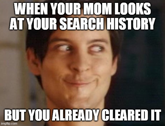 Spiderman Peter Parker | WHEN YOUR MOM LOOKS AT YOUR SEARCH HISTORY; BUT YOU ALREADY CLEARED IT | image tagged in memes,spiderman peter parker | made w/ Imgflip meme maker