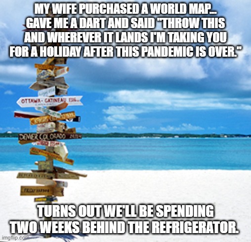 Travelling | MY WIFE PURCHASED A WORLD MAP... GAVE ME A DART AND SAID "THROW THIS AND WHEREVER IT LANDS I'M TAKING YOU FOR A HOLIDAY AFTER THIS PANDEMIC IS OVER."; TURNS OUT WE'LL BE SPENDING TWO WEEKS BEHIND THE REFRIGERATOR. | image tagged in travelling | made w/ Imgflip meme maker