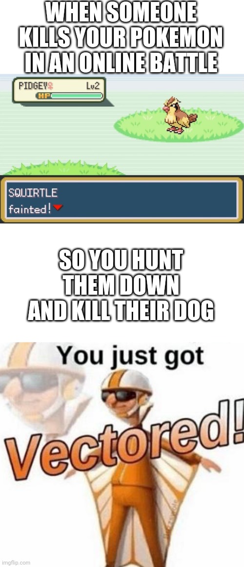 WHEN SOMEONE KILLS YOUR POKEMON IN AN ONLINE BATTLE; SO YOU HUNT THEM DOWN AND KILL THEIR DOG | image tagged in you just got vectored,vector,pokemon,memes | made w/ Imgflip meme maker