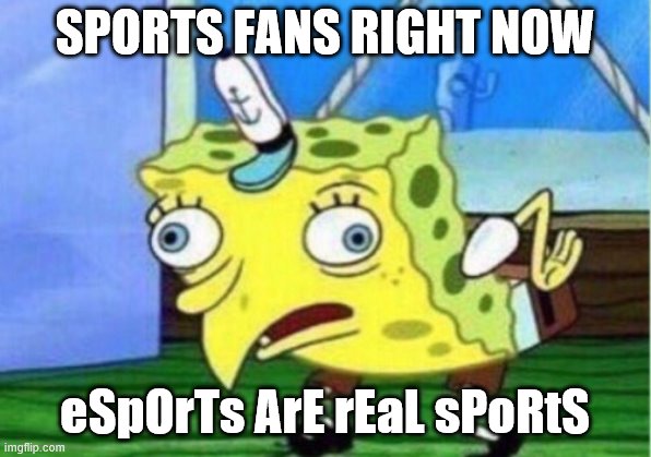 Mocking Spongebob | SPORTS FANS RIGHT NOW; eSpOrTs ArE rEaL sPoRtS | image tagged in memes,mocking spongebob | made w/ Imgflip meme maker