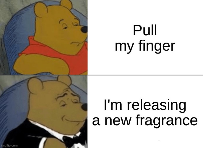 Does anyone smell popcorn? | Pull my finger; I'm releasing a new fragrance | image tagged in memes,tuxedo winnie the pooh | made w/ Imgflip meme maker