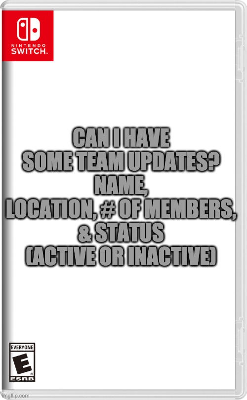 Daily updates, please | CAN I HAVE SOME TEAM UPDATES? NAME, LOCATION, # OF MEMBERS, & STATUS (ACTIVE OR INACTIVE) | image tagged in nintendo switch | made w/ Imgflip meme maker