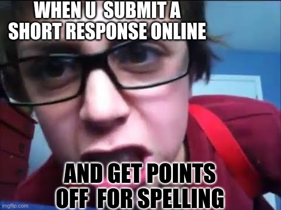 FRICKIN FRICKS!!!! | WHEN U  SUBMIT A SHORT RESPONSE ONLINE; AND GET POINTS OFF  FOR SPELLING | image tagged in frickin fricks | made w/ Imgflip meme maker