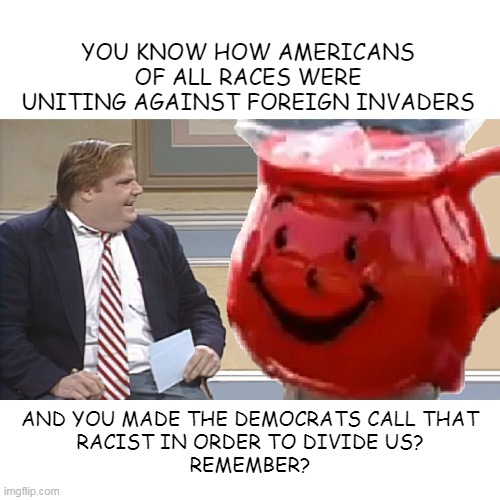 Chris Farley Interviews The Kool Aid Man | YOU KNOW HOW AMERICANS OF ALL RACES WERE UNITING AGAINST FOREIGN INVADERS; AND YOU MADE THE DEMOCRATS CALL THAT
RACIST IN ORDER TO DIVIDE US?
REMEMBER? | image tagged in chris farley interviews the kool aid man | made w/ Imgflip meme maker
