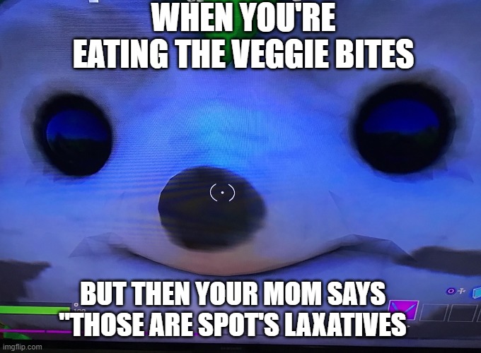 WHEN YOU'RE EATING THE VEGGIE BITES; BUT THEN YOUR MOM SAYS "THOSE ARE SPOT'S LAXATIVES | image tagged in memes | made w/ Imgflip meme maker