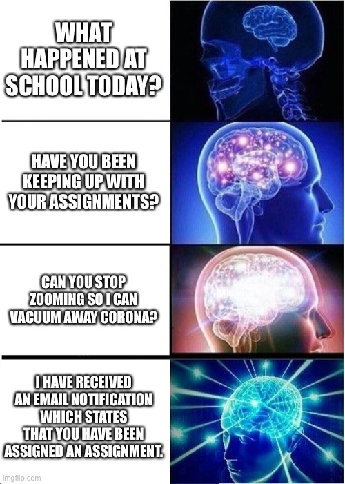 Moms during quarantine | WHAT HAPPENED AT SCHOOL TODAY? HAVE YOU BEEN KEEPING UP WITH YOUR ASSIGNMENTS? CAN YOU STOP ZOOMING SO I CAN VACUUM AWAY CORONA? I HAVE RECEIVED AN EMAIL NOTIFICATION WHICH STATES THAT YOU HAVE BEEN ASSIGNED AN ASSIGNMENT. | image tagged in memes,expanding brain | made w/ Imgflip meme maker
