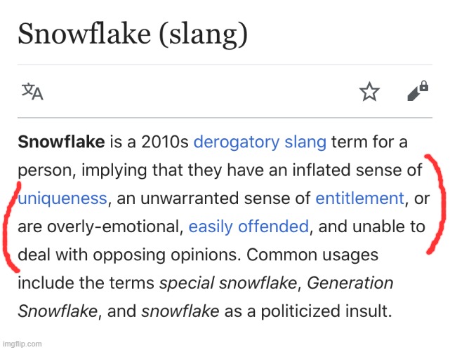 The definition of snowflake (slang). To which modern American politician does this definition best apply? (Hint in the tags!) | image tagged in snowflake definition wikipedia,snowflake,snowflakes,special snowflake,trump,donald trump | made w/ Imgflip meme maker