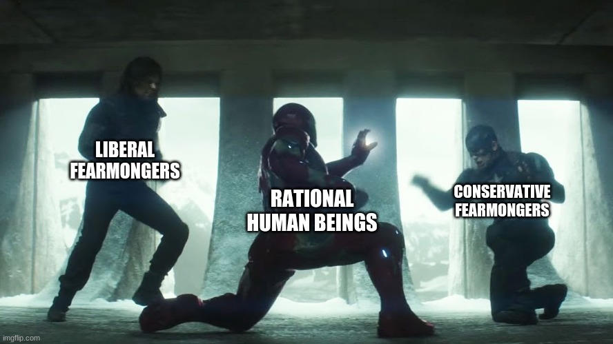 SHUT UP ABOUT CORONA ALREADY | LIBERAL FEARMONGERS; RATIONAL HUMAN BEINGS; CONSERVATIVE FEARMONGERS | image tagged in covid-19,coronavirus,marvel civil war | made w/ Imgflip meme maker