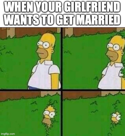 Homer Simpson in Bush - Large | WHEN YOUR GIRLFRIEND WANTS TO GET MARRIED | image tagged in homer simpson in bush - large | made w/ Imgflip meme maker