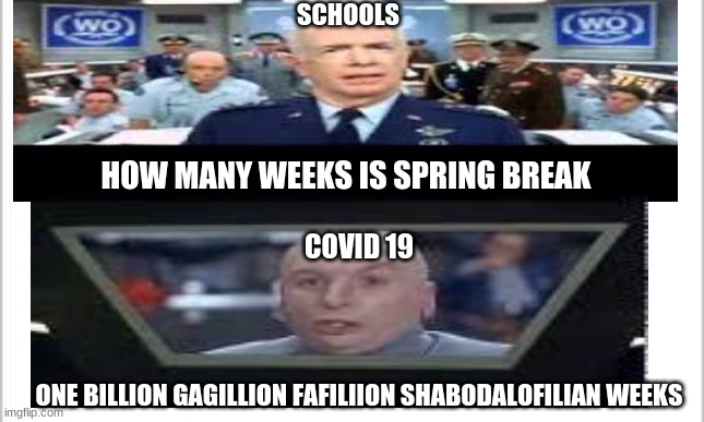 schools mad | SCHOOLS; HOW MANY WEEKS IS SPRING BREAK; COVID 19; ONE BILLION GAGILLION FAFILIION SHABODALOFILIAN WEEKS | image tagged in memes | made w/ Imgflip meme maker