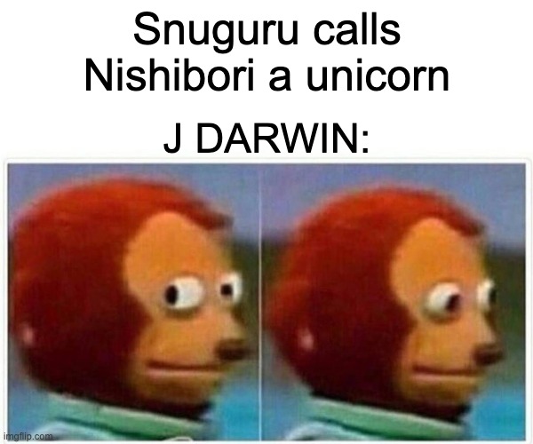 Monkey Puppet | Snuguru calls Nishibori a unicorn; J DARWIN: | image tagged in memes,monkey puppet | made w/ Imgflip meme maker