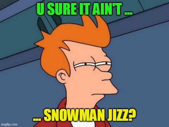 Futurama Fry Meme | U SURE IT AIN'T ... ... SNOWMAN JIZZ? | image tagged in memes,futurama fry | made w/ Imgflip meme maker