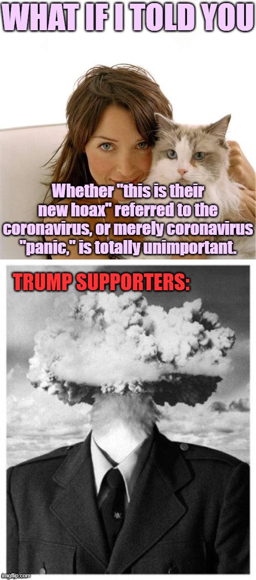 We've all been arguing over the wrong thing. It was wrong for Trump to call it "their new hoax" whatever the hell he meant. | WHAT IF I TOLD YOU; Whether "this is their new hoax" referred to the coronavirus, or merely coronavirus "panic," is totally unimportant. TRUMP SUPPORTERS: | image tagged in dannii mind blown,coronavirus,covid-19,trump supporters,trump speech,trump is a moron | made w/ Imgflip meme maker