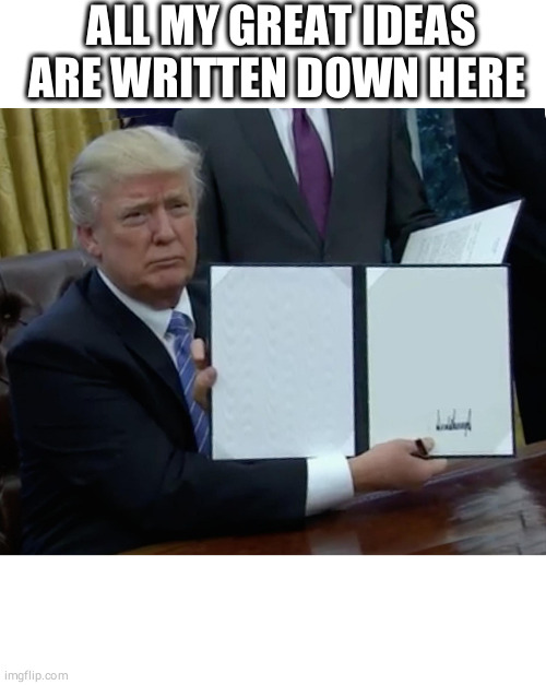 ALL MY GREAT IDEAS ARE WRITTEN DOWN HERE | image tagged in blank white template,memes,trump bill signing | made w/ Imgflip meme maker