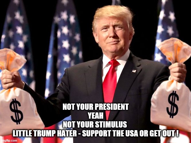 Trump Money - Stimulus | NOT YOUR PRESIDENT
YEAH
NOT YOUR STIMULUS 
LITTLE TRUMP HATER - SUPPORT THE USA OR GET OUT ! | image tagged in trump money - stimulus | made w/ Imgflip meme maker