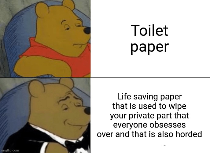 Tuxedo Winnie The Pooh Meme | Toilet paper; Life saving paper that is used to wipe your private part that everyone obsesses over and that is also horded | image tagged in memes,tuxedo winnie the pooh | made w/ Imgflip meme maker