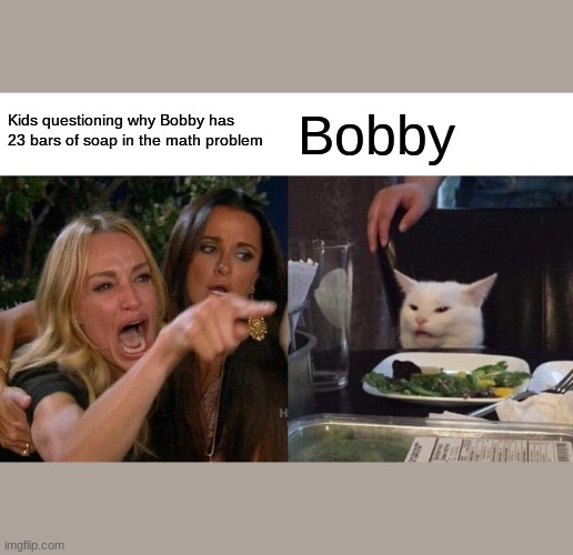 Woman Yelling At Cat | Kids questioning why Bobby has 23 bars of soap in the math problem; Bobby | image tagged in memes,woman yelling at cat | made w/ Imgflip meme maker