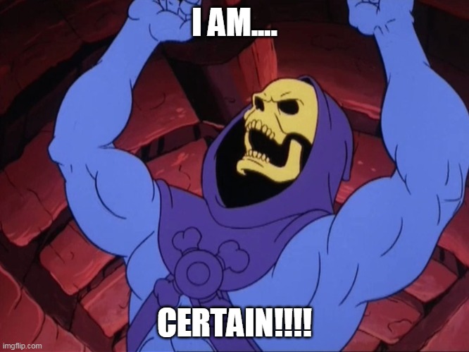 Skeletor | I AM.... CERTAIN!!!! | image tagged in skeletor | made w/ Imgflip meme maker