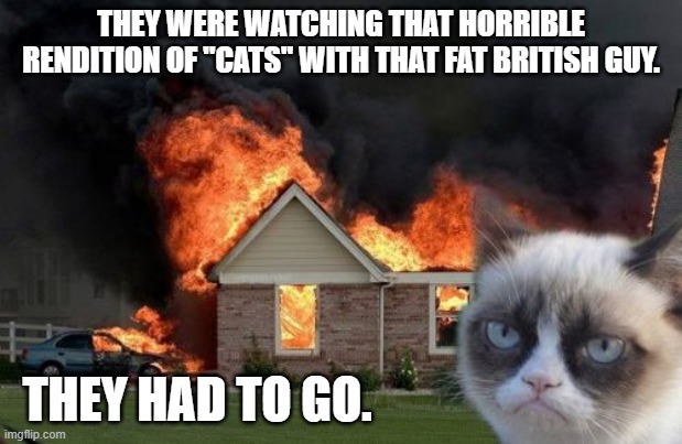 Burn Kitty Meme | THEY WERE WATCHING THAT HORRIBLE RENDITION OF "CATS" WITH THAT FAT BRITISH GUY. THEY HAD TO GO. | image tagged in memes,burn kitty,grumpy cat | made w/ Imgflip meme maker