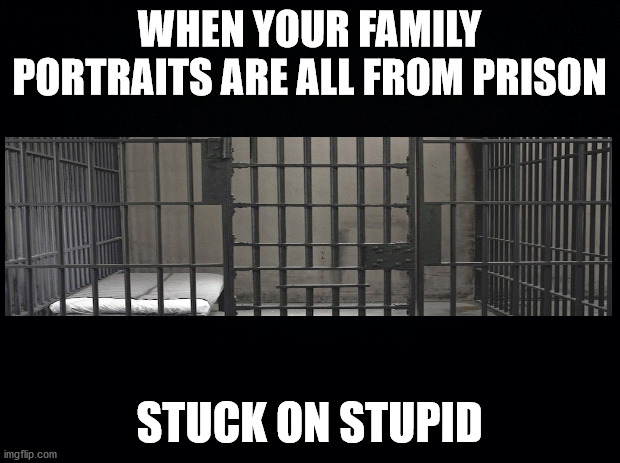 Black background | WHEN YOUR FAMILY PORTRAITS ARE ALL FROM PRISON; STUCK ON STUPID | image tagged in black background | made w/ Imgflip meme maker