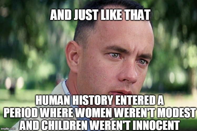 Our Present Era | AND JUST LIKE THAT; HUMAN HISTORY ENTERED A PERIOD WHERE WOMEN WEREN'T MODEST AND CHILDREN WEREN'T INNOCENT | image tagged in memes,and just like that,women,children,history,innocence | made w/ Imgflip meme maker