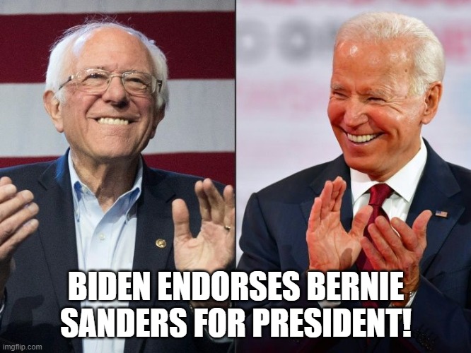 Sanders and Biden | BIDEN ENDORSES BERNIE SANDERS FOR PRESIDENT! | image tagged in sanders and biden | made w/ Imgflip meme maker