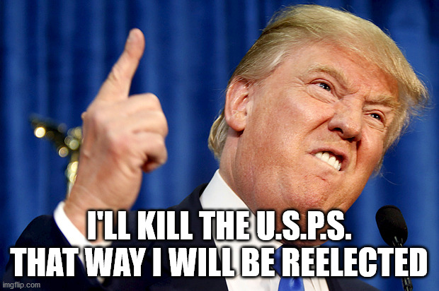 Pure narcissistic insanity. | I'LL KILL THE U.S.P.S. THAT WAY I WILL BE REELECTED | image tagged in donald trump,usps,narcissist,insanity | made w/ Imgflip meme maker