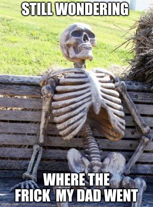 Waiting Skeleton | STILL WONDERING; WHERE THE FRICK  MY DAD WENT | image tagged in memes,waiting skeleton | made w/ Imgflip meme maker