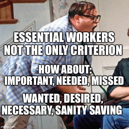 Essential workers not the only ones needed | ESSENTIAL WORKERS NOT THE ONLY CRITERION; HOW ABOUT: IMPORTANT, NEEDED, MISSED; WANTED, DESIRED, NECESSARY, SANITY SAVING | image tagged in chris farley for the love of god,essential,workers | made w/ Imgflip meme maker