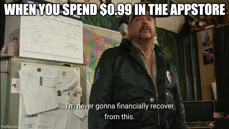 I'm never going to financially recover from this | WHEN YOU SPEND $0.99 IN THE APPSTORE | image tagged in i'm never going to financially recover from this | made w/ Imgflip meme maker