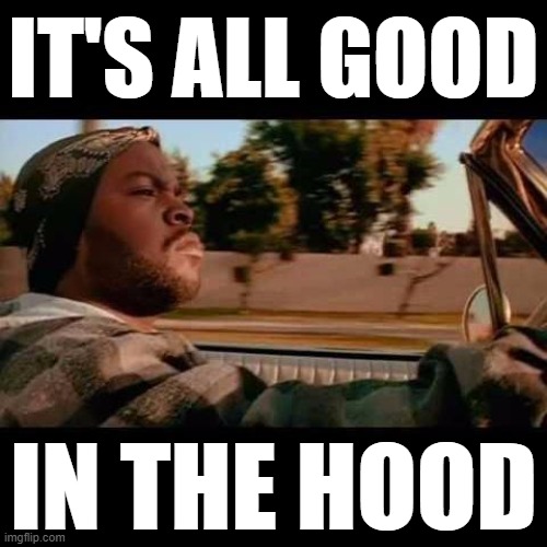 When it's all good in the hood. | IT'S ALL GOOD IN THE HOOD | image tagged in ice cube today was a good day,not racist,no racism,respect,in the hood,hood | made w/ Imgflip meme maker