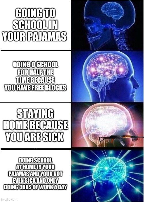 Expanding Brain | GOING TO SCHOOL IN YOUR PAJAMAS; GOING O SCHOOL FOR HALF THE TIME BECAUSE YOU HAVE FREE BLOCKS; STAYING HOME BECAUSE YOU ARE SICK; DOING SCHOOL AT HOME IN YOUR PAJAMAS AND YOUR NOT EVEN SICK AND ONLY DOING 3HRS OF WORK A DAY | image tagged in memes,expanding brain | made w/ Imgflip meme maker