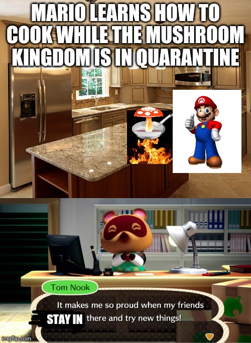 Tom Nook Is Proud Of You, Mario | MARIO LEARNS HOW TO COOK WHILE THE MUSHROOM KINGDOM IS IN QUARANTINE; STAY IN | image tagged in kitchen,tom nook happy | made w/ Imgflip meme maker