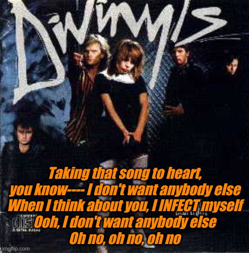 divinyls | Taking that song to heart, you know---- I don't want anybody else
When I think about you, I INFECT myself
Ooh, I don't want anybody else
Oh  | image tagged in divinyls | made w/ Imgflip meme maker