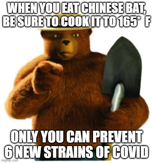 An Important PSA! | WHEN YOU EAT CHINESE BAT, BE SURE TO COOK IT TO 165*  F; ONLY YOU CAN PREVENT 6 NEW STRAINS OF COVID | image tagged in smokey bear,covid-19 | made w/ Imgflip meme maker