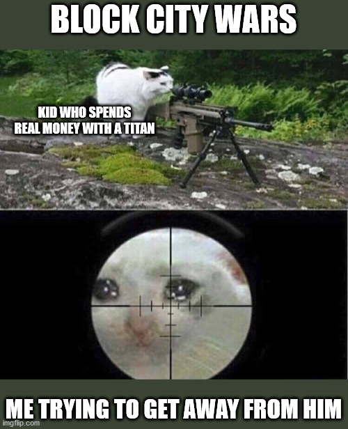 Sniper cat | BLOCK CITY WARS; KID WHO SPENDS REAL MONEY WITH A TITAN; ME TRYING TO GET AWAY FROM HIM | image tagged in sniper cat | made w/ Imgflip meme maker