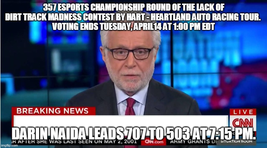 CNN "Wolf of Fake News" Fanfiction | 357 ESPORTS CHAMPIONSHIP ROUND OF THE LACK OF DIRT TRACK MADNESS CONTEST BY HART - HEARTLAND AUTO RACING TOUR. 
VOTING ENDS TUESDAY, APRIL14 AT 1:00 PM EDT; DARIN NAIDA LEADS 707 TO 503 AT 7:15 PM. | made w/ Imgflip meme maker