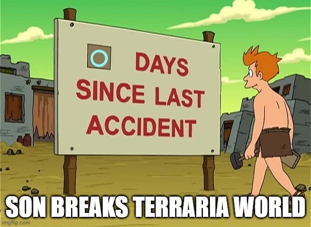 SON BREAKS TERRARIA WORLD image tagged in 0 days since last accident made w...