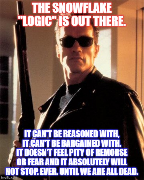 Terminator 2 | THE SNOWFLAKE "LOGIC" IS OUT THERE. IT CAN'T BE REASONED WITH, IT CAN'T BE BARGAINED WITH. IT DOESN'T FEEL PITY OF REMORSE OR FEAR AND IT AB | image tagged in terminator 2 | made w/ Imgflip meme maker