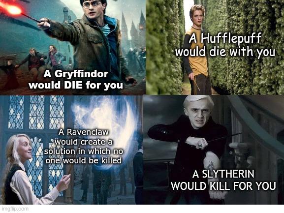 A Hufflepuff would die with you; A Gryffindor would DIE for you; A Ravenclaw would create a solution in which no one would be killed; A SLYTHERIN WOULD KILL FOR YOU | image tagged in harry potter,bravery,loyalty,intelligence,ambition,stop reading the tags | made w/ Imgflip meme maker