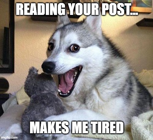 Pun Dog Punchline | READING YOUR POST... MAKES ME TIRED | image tagged in pun dog punchline | made w/ Imgflip meme maker