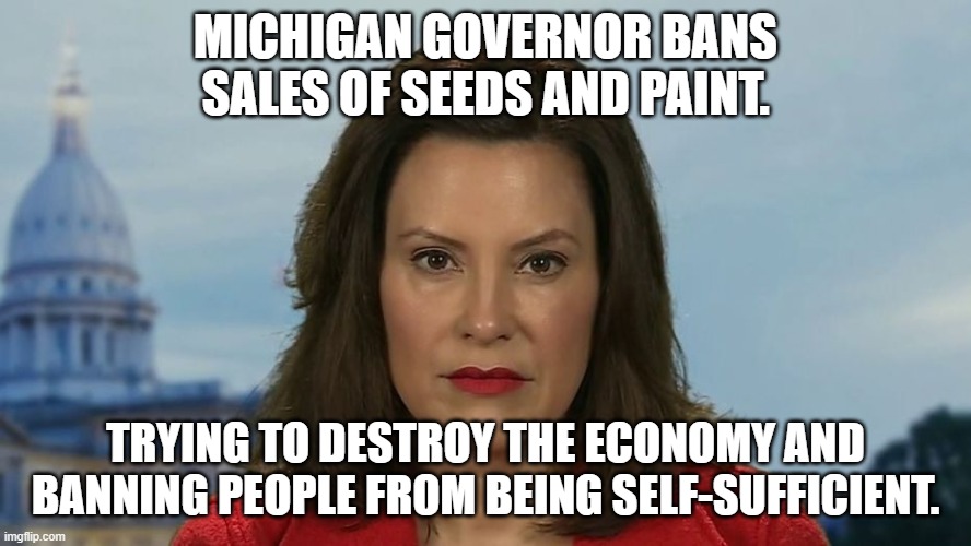 Gretchen Whitmer Tyrant Fascist | MICHIGAN GOVERNOR BANS SALES OF SEEDS AND PAINT. TRYING TO DESTROY THE ECONOMY AND BANNING PEOPLE FROM BEING SELF-SUFFICIENT. | image tagged in gretchen whitmer,tyrant,fascist,covid-19 | made w/ Imgflip meme maker