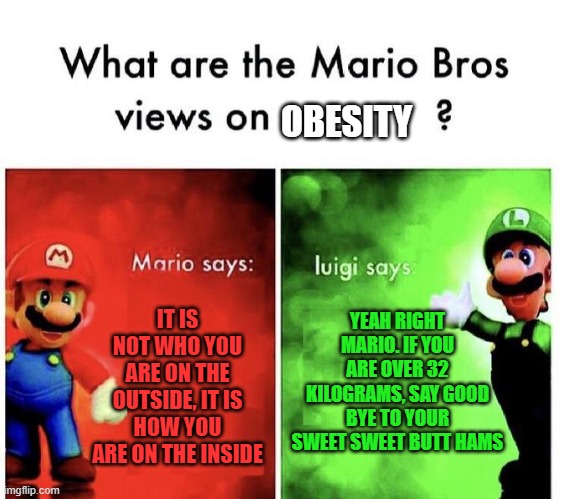Mario Bros Views | OBESITY; YEAH RIGHT MARIO. IF YOU ARE OVER 32 KILOGRAMS, SAY GOOD BYE TO YOUR SWEET SWEET BUTT HAMS; IT IS NOT WHO YOU ARE ON THE OUTSIDE, IT IS HOW YOU ARE ON THE INSIDE | image tagged in mario bros views | made w/ Imgflip meme maker